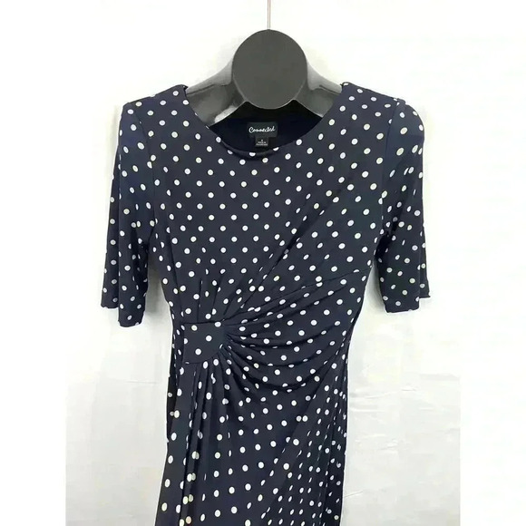 Dark Blue Polka Dot Sheath Wrap Dress Jersey Connected Apparel Sz 6 - Picture 3 of 9